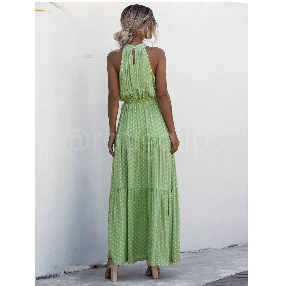 Polka Dot Print Maxi Dress Tie Belt High Neck White Green Long Flared Halter - Picture 6 of 13